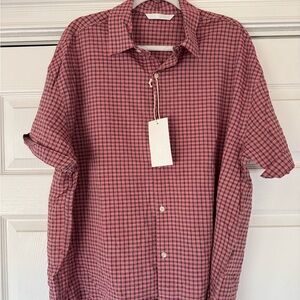 Zara Men Red Micro Check Plaid Button Down Shirt Short Sleeve Size M NWT